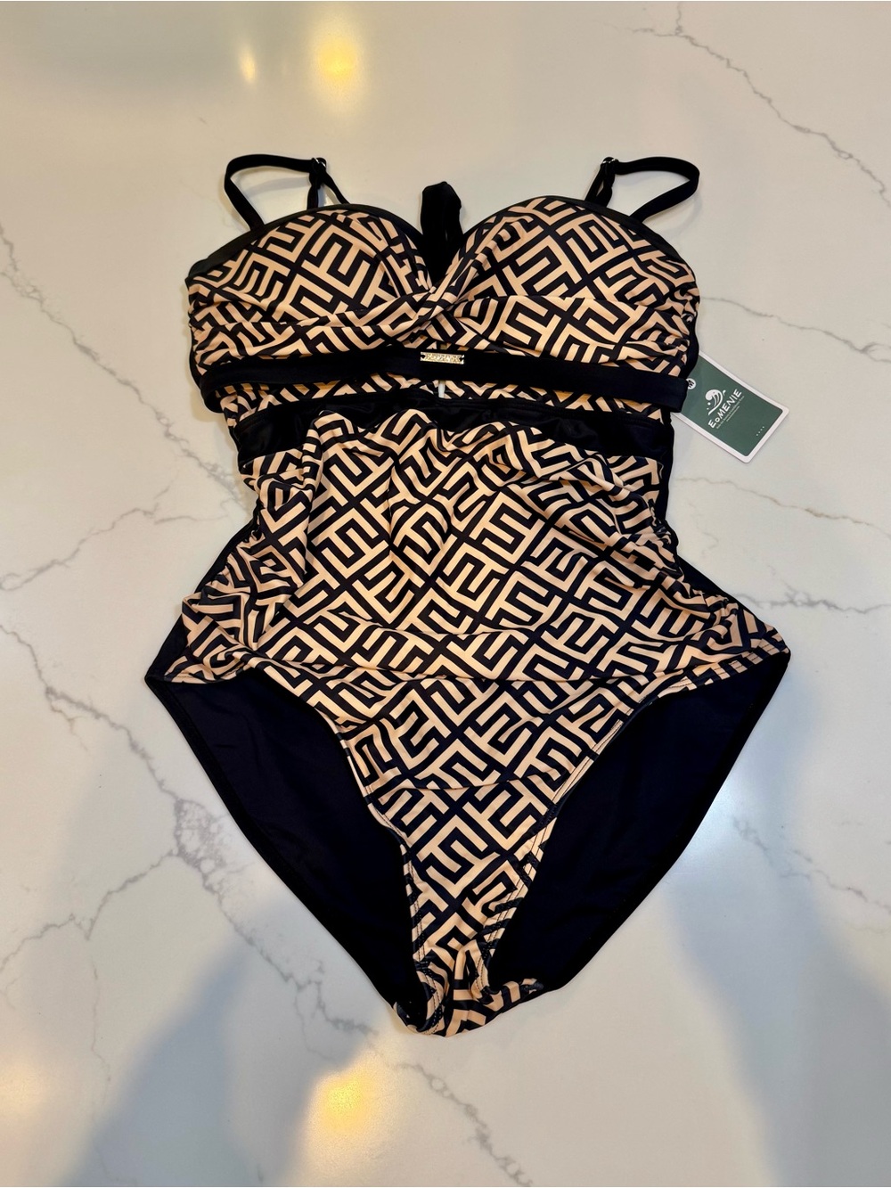 Women’s Black and Beige Geometric One-Piece Swimsuit size M